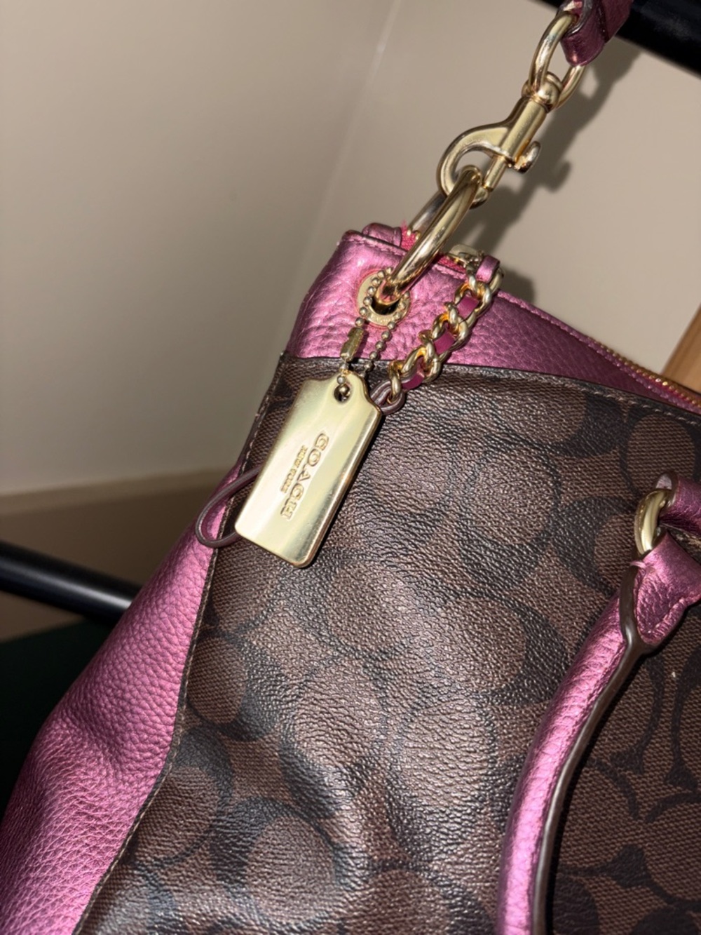 Coach Brown Signature Satchel with Metallic Pink Trim - Picture 3 of 8
